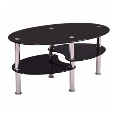 New style living room furniture tempered black painting glass coffee table with High Gloss Stainless Steel Legs